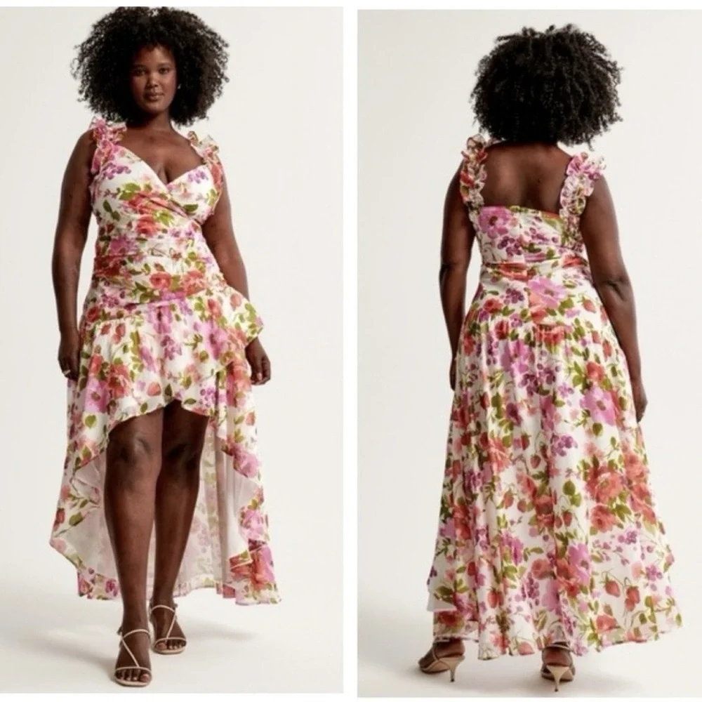 NWT $130 Abercrombie & Fitch Floral Ruffle Strap High-Low Maxi Chiffon Dress 2XL